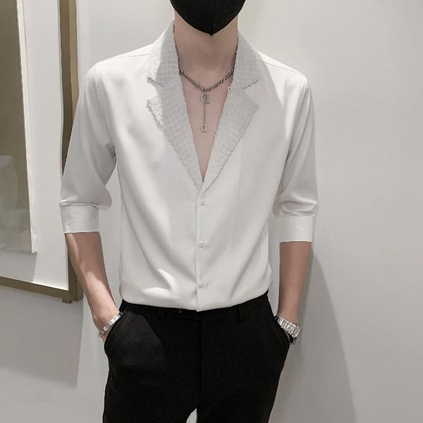 Camisas casuais masculinas quimise homme de lux british british com três quartos de manga manchas camisa de vestido fit homens tendências clube v-deco