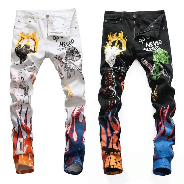 

american street style fashion men jeans white black slim fit designer printed elastic punk pants hip hop jeans homme, Blue