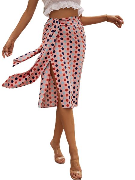 

polka dot split hem twist skirt a3ak#, Black