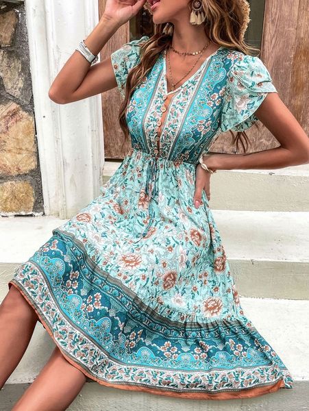 

floral print petal sleeve knot front ruffle hem dress g47z#, Black;gray