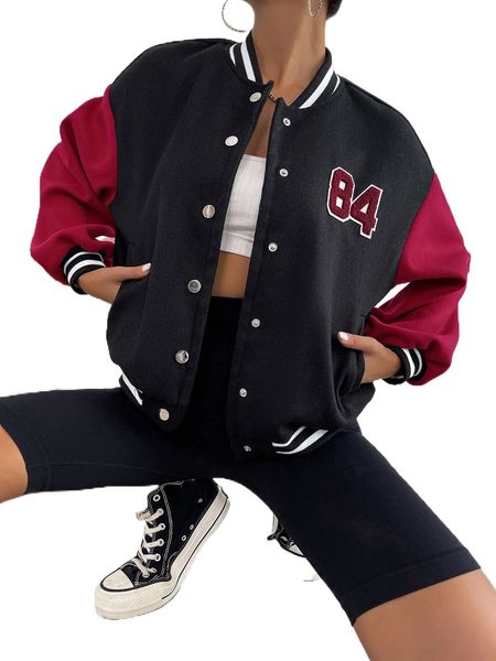 

letter patched striped trim drop shoulder bomber jacket v4l9#, Black;brown