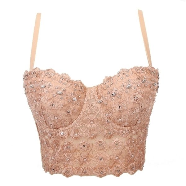 Atoshare Top glitterato con spalline Corsetto in pizzo Reggiseno bustier Canotta estiva da donna Rosa Crop Party Club Abbigliamento 220318