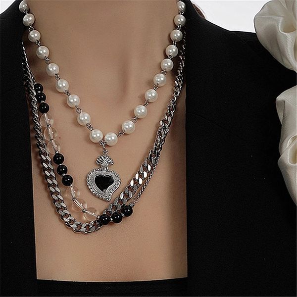 

fashion heart pendant necklace temperament black love peach charm pearl chains necklaces goth crystal beads choker for women jewelry, Silver