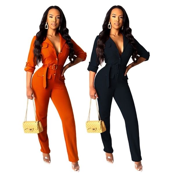 

elegant long womens overalls casual long sleeve jumpsuit rompers autumn solid belt slim long pants trousers streetwear t200509, Black;white
