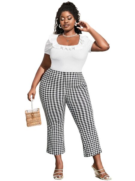 

sxy plus gingham flare leg pants e9cj#, Black