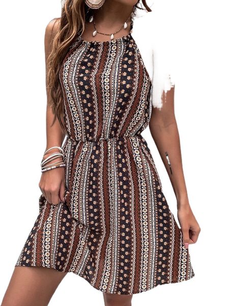 

floral & geo print tie backless halter dress d6iz#, Black;gray