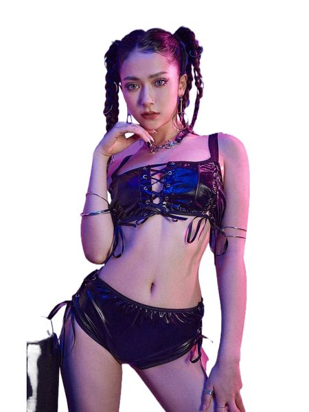 

romwe cyber luvr solid lace up grommet eyelet lingerie set n98q#, Black;red