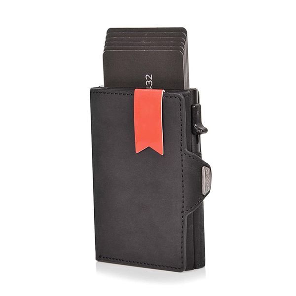 

vintage crazy horse leather slim wallets luxury rfid protection mini metal wallet zipper coin pocket for men and women, Red;black