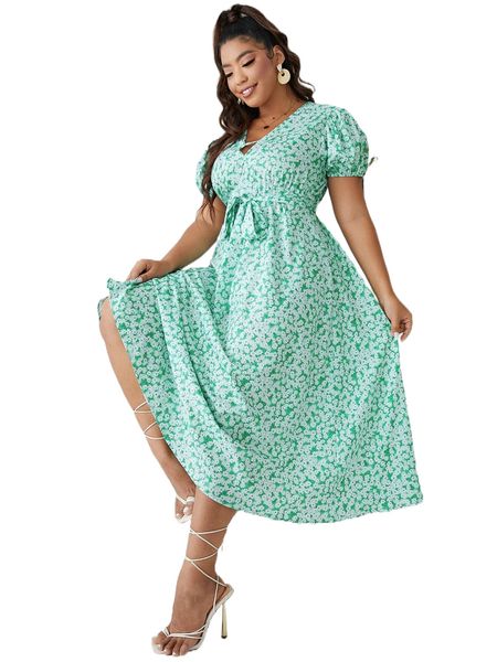 

plus ditsy floral cut out puff sleeve belted dress 90on#, Black