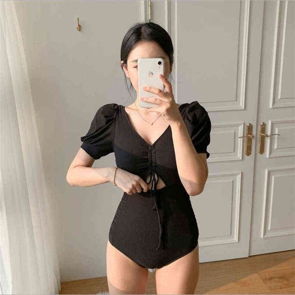 

one-piece south korea's swimsuit women's high waist slim conservative spring bikini, White;black