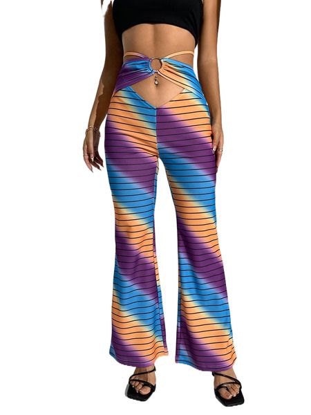 

striped o-ring cut out pants 27gz#, Black;white
