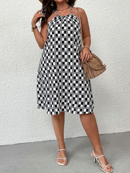 

plus checkered print tie backless halter dress a2ai#, Black