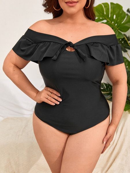 

plus ruffle trim off the shoulder one piece swimsuit g7wd#, White;black