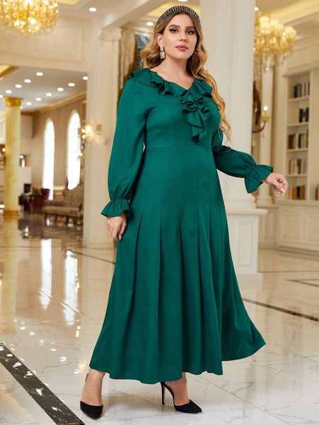 

plus ruffle trim flounce sleeve plicated dress without belt l3xw#, Black