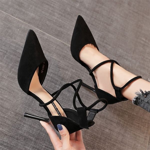 

high heels stiletto pointed toe spring and summer allmatch temperament shallow single roman shoes sandals 220720, Black