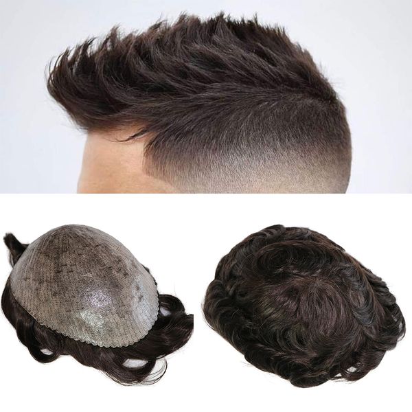 

male hair prosthesis 0.12mm injection skin toupee men durable wigs 100% human hair system unit capillary, Black