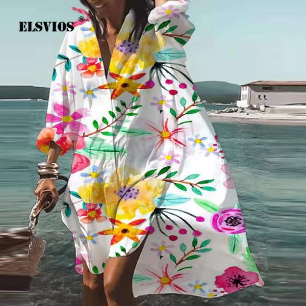 Весеннее лето Женщины с выключением воротника с длинным рукавом платье рубашки повседневное элегантное цветочное принт пляжная вечеринка ES 220521