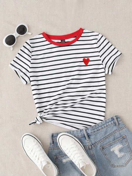 

plus striped heart embroidery detail tee v9gg#, Black