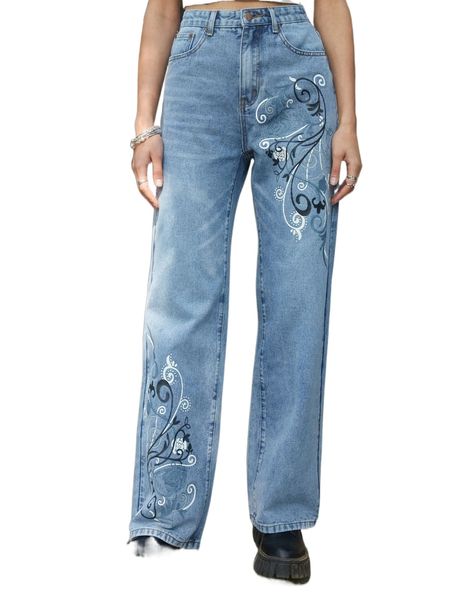 

romwe floral graphic straight leg jeans n8pn#, Blue