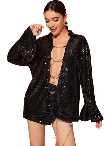 

x yelly gray chain detail flounce sleeve sequins blouse o246#, White