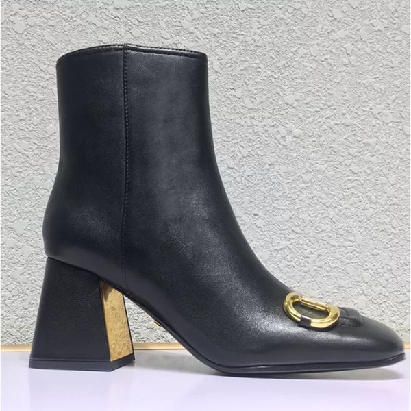 Klassische Schnallen Damen Boots Luxusdesigner 100% Leder interne Zip High Heels Zehenqualität Quadratz Zehen 7,5 cm klobig Ferse Ladies Schuhe Schuhstiefel große Größe 35-42