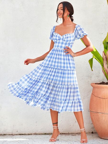 

love&lemonade tied backless gingham dress h9gf#, Black;gray