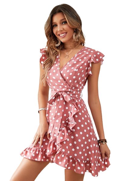 

polka dot print ruffle hem belted dress 94yf#, Black;gray