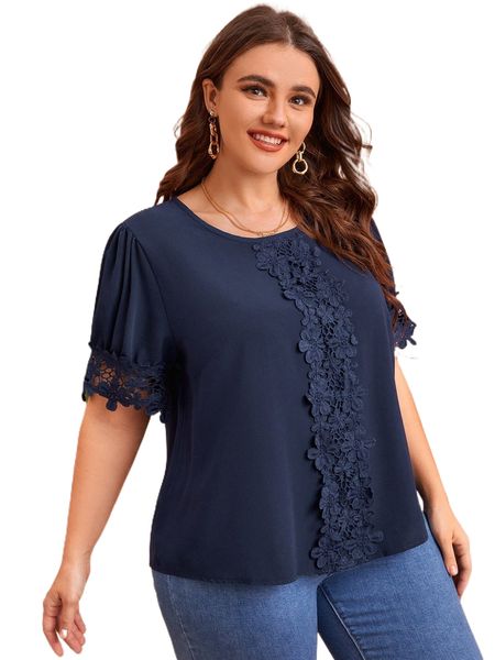 

plus guipure lace panel puff sleeve blouse 05ng#, Black