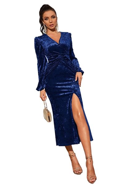 

surplice neck twist front split thigh velvet dress l9x6#, Black;gray