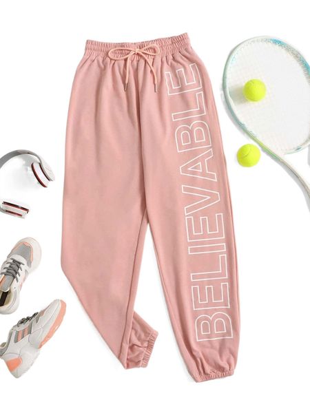 

letter graphic drawstring waist sweatpants 7953#, Black;white
