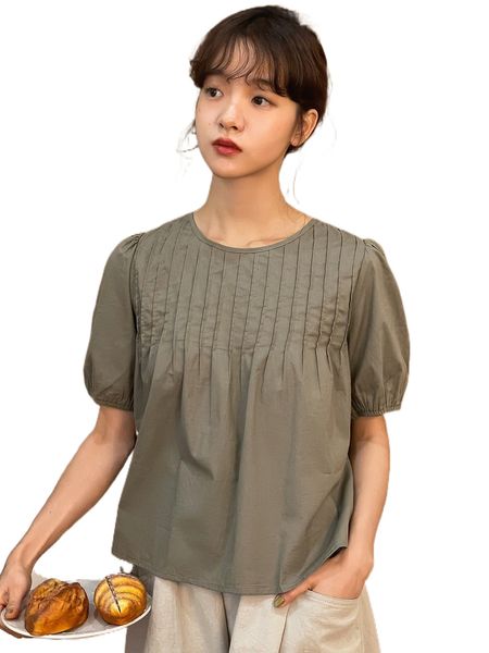 

dazy plicated detail puff sleeve blouse b05w#, White