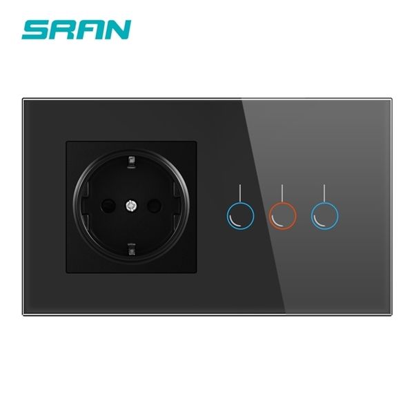 SRAN İngiltere Standart Dokunmatik Sensör Anahtarı Soket Beyaz Kristal Cam Panel 220V 16A Duvar Soketi Işık Anahtarı 3 Gang 1way T200605