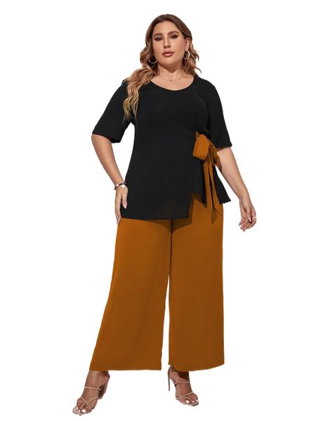 

plus colorblock tie side asymmetrical hem & wide leg pants j4ym#, Black