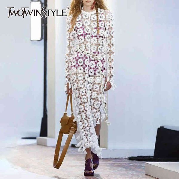 

patchwork tassel hollow out dress for women o neck long sleeve high waist elegant dresses female fashion 210423, Black;gray