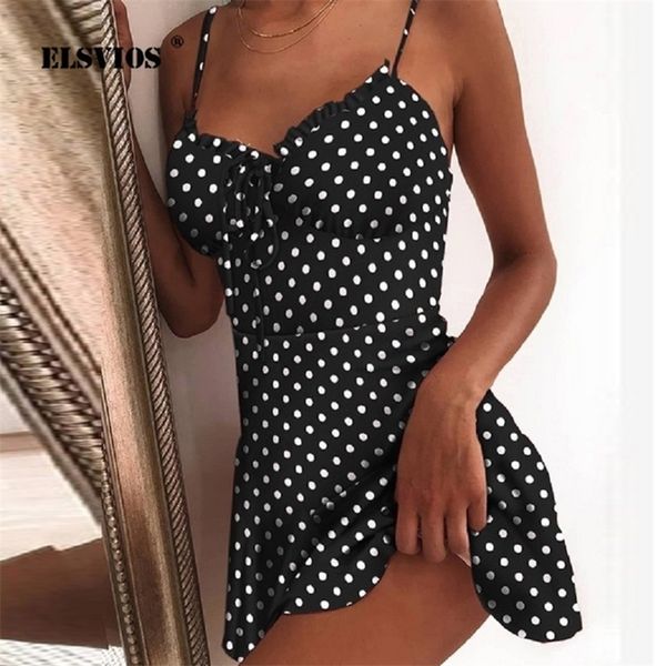 

women summer off shoulder polka dot print mini dress elegant tie front v neck party dress sleeveless spaghetti strap dress t200603, White;black