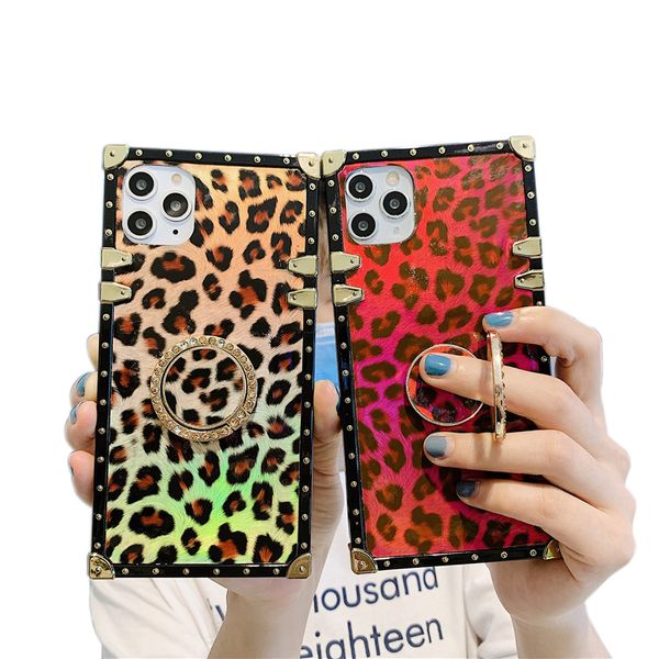 Casos de telefone de kickstand de leopardo quadrado para iPhone 13 11 12 Pro Max XS XR 8 7 Plus Samsung S20 S21 S22 Fashion Luxury Protective Capa anti -queda à prova de choque