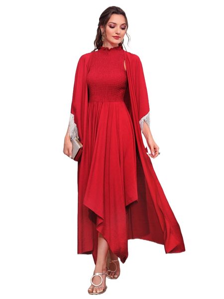 

frill trim shirred asymmetrical hem dress & fringe detail coat n4po#, White