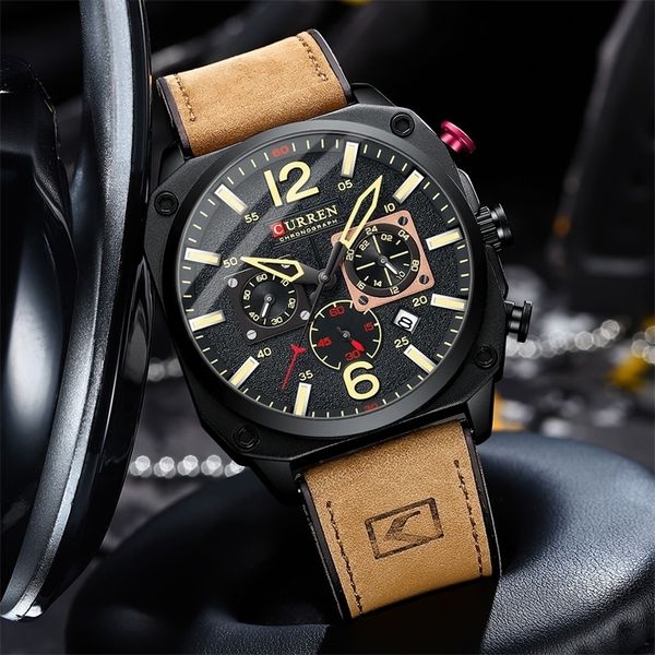 

curren luxury men brown quartz wristwatches for male luminous chronograph dial leather clock casual sports watch 220526, Slivery;brown