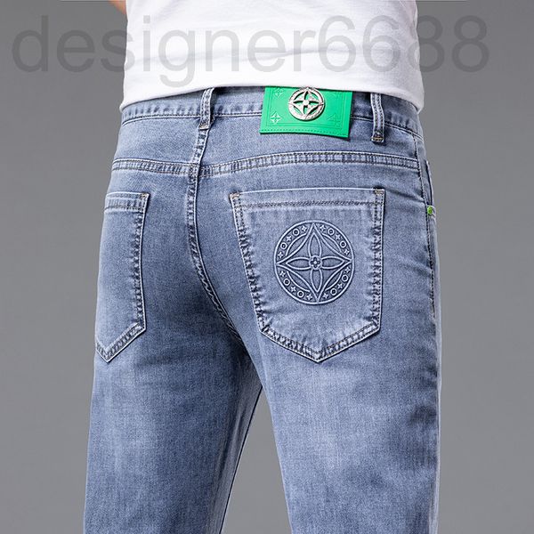 

men's jeans designer spring men's jeans small feet slim fit cotton elastic brand korean youth printed embroidery 6vmc, Blue
