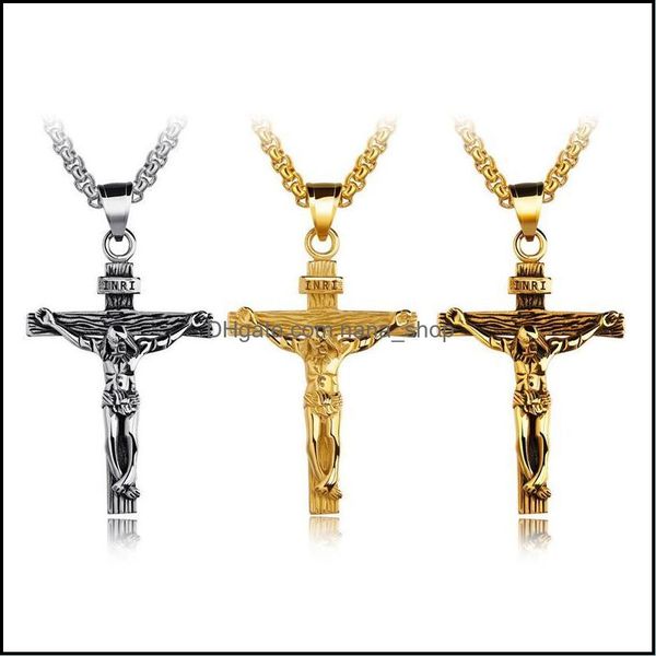 

pendant necklaces pendants jewelry titanium steel men s cross christian jesus crosses crucifix charm popcorn chains for women hip hop fait, Silver