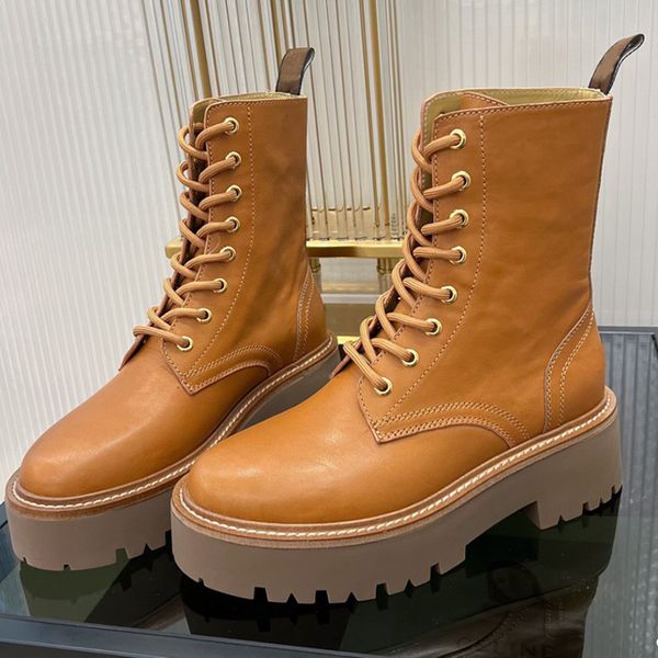 Designerstiefel mit Schnalle, geschnürt, oberschenkelhohe Stiefel, Wüstenritterstiefel, sperrige kurze Martin-Stiefel aus echtem Leder für Damen, 5,5-cm-Plateaustiefel mit Box Nr. 397