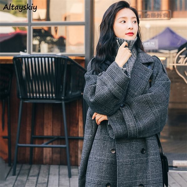 

wool blends women loose ankle length new arrivals plaid womens korean style students vintage outwear temperament lj201109, Black