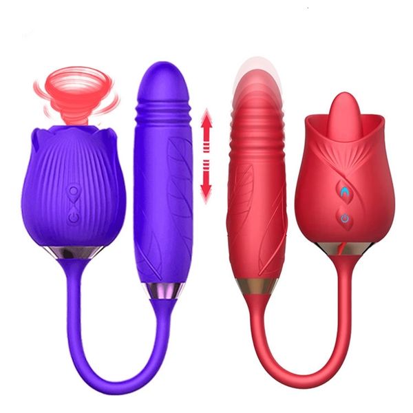 Vibratore Giocattolo del sesso Massaggiatore Rosso Giallo Nero Forma di rosa 2 in 1 Forma di vibrazione estesa Lingua Clitoride Succhiare Uovo vibrante per donna TTJ0