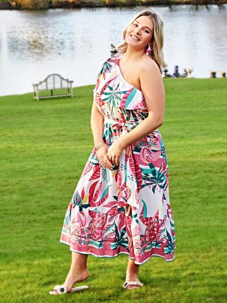 

plus tropical print one shoulder ruffle trim belted dress j1ft#, Black