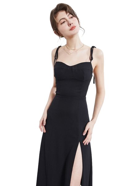 

tie shoulder slit thigh shirred back cami dress v1sk#, Black;gray