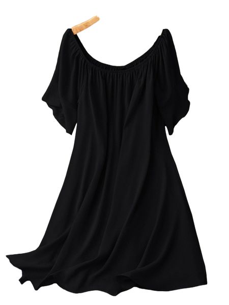 

plus scoop neck flounce cuff tunic dress n7ya#, Black