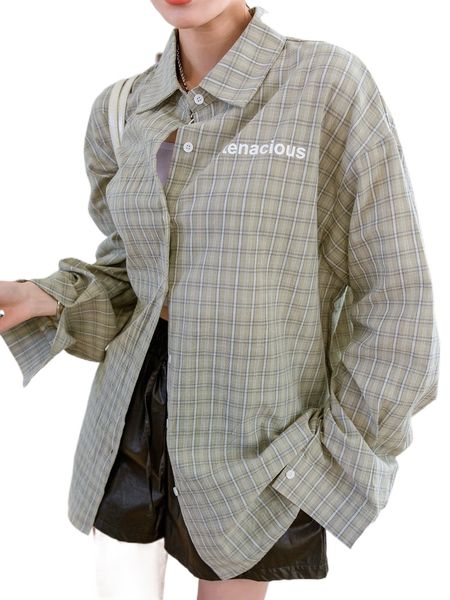 

dazy letter & plaid print drop shoulder blouse 02i3#, White