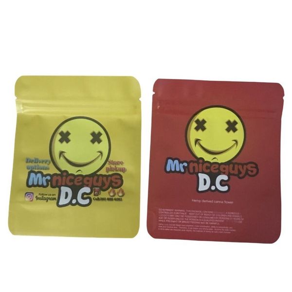

3.5g mr nice guys d.c packaging bags 2 types hemp derived canna flower smell proof mylar bag red yellow colors smile face empty plastic stan