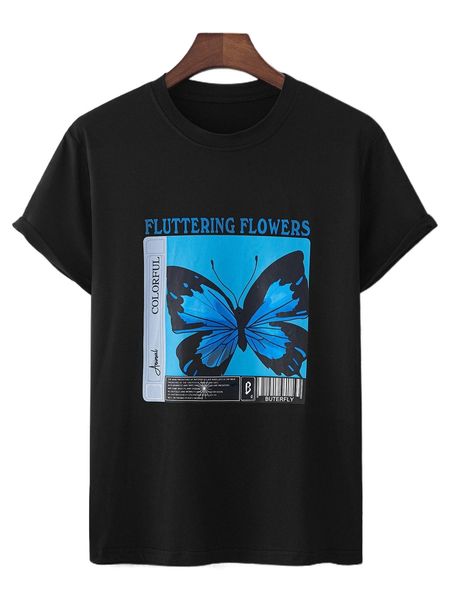 

men butterfly & slogan graphic tee e75r#, White;black