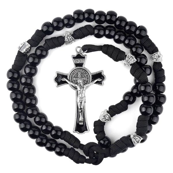 Correntes Black Paracord Men Rosários de 12 mm de colar de acrílico cruzado para soldados católicos rosares acidentados